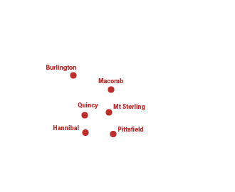 Map of areas we cover: Quincy, Burlington, Hannibal, Macomb, Mt. Sterling, Pittsfield, and more
